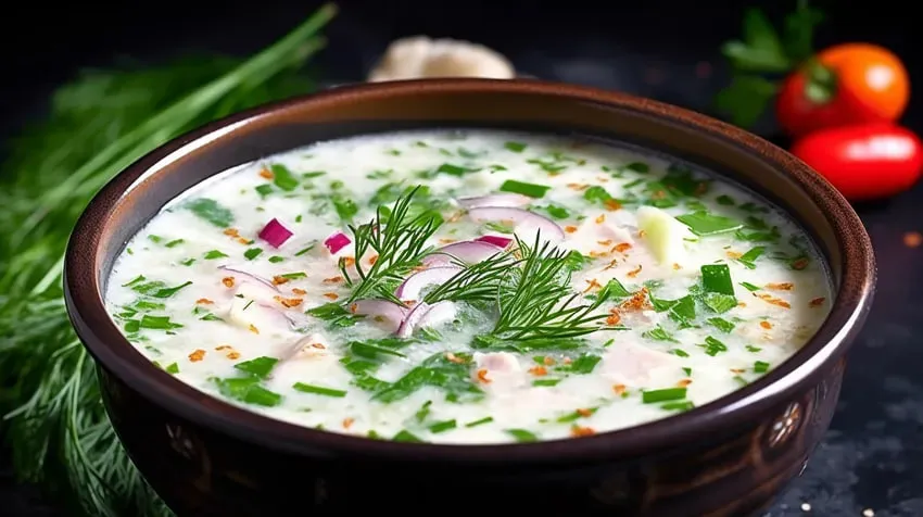 Окрошка с копченой индейкой и овощами с кефиром