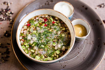Оkroshka with vegetables and smoked turkey with kvas