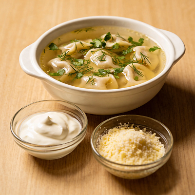 Homemade russian pelmeni with beef 